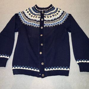 Vintage Norwegian Hand Knit Wool Cardigan Fair Isle Nordic Blue Button Front Wom